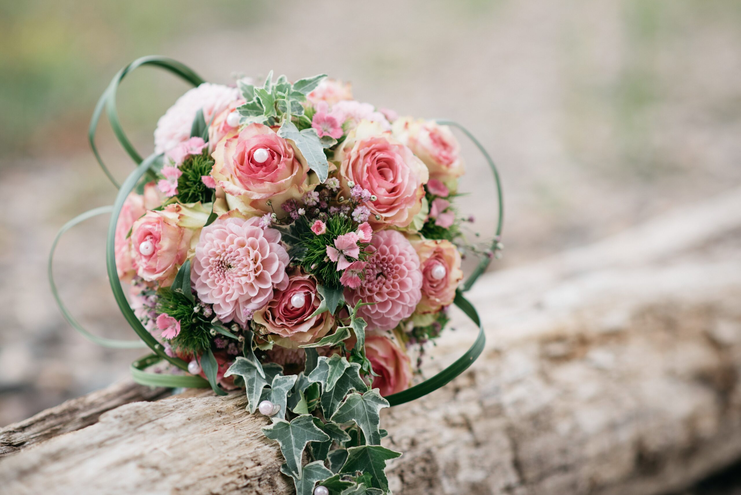 A pink bridal bouquet of roses, set atop a rustic wooden log in a natural outdoor setting